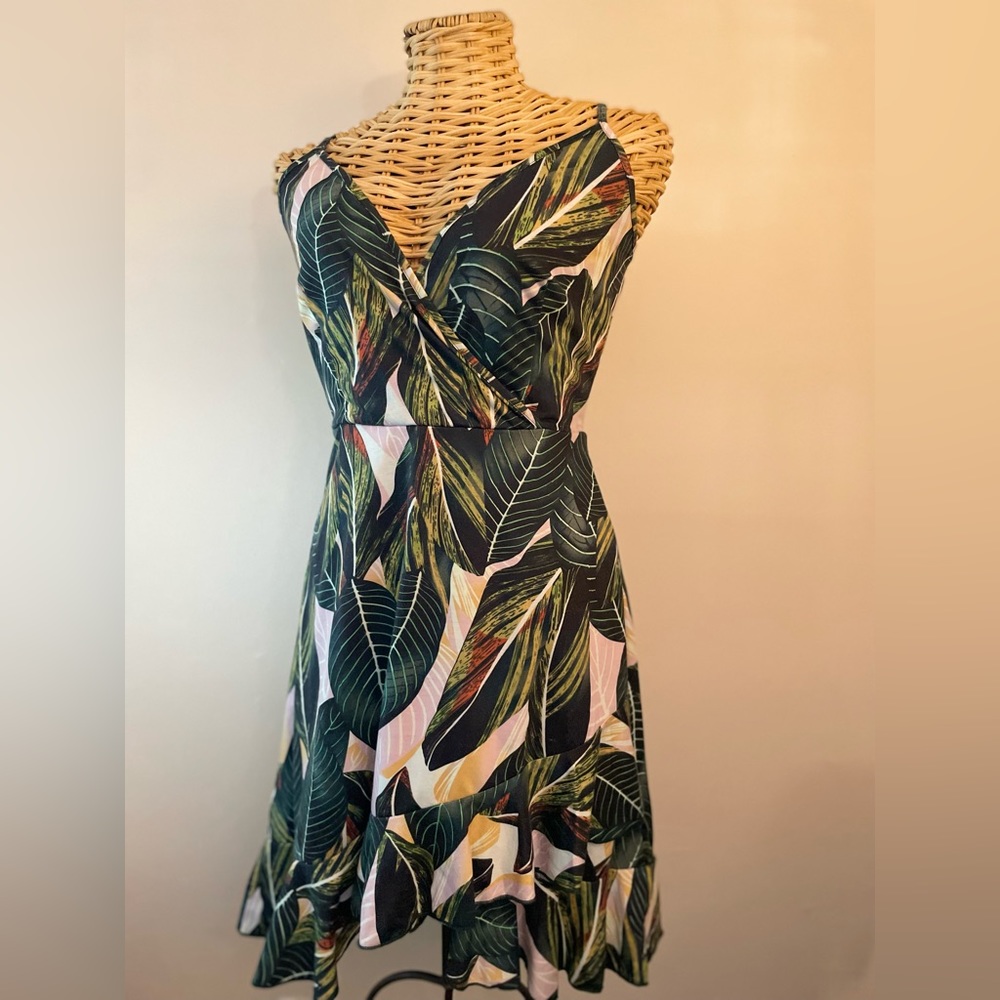 Leaf Print Women’s Dress, size small, wrap look, ruffle hem, adjustable straps